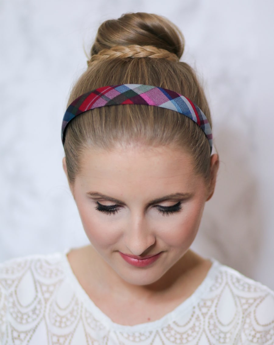 topknot-bun-with-braid-plaid-headband