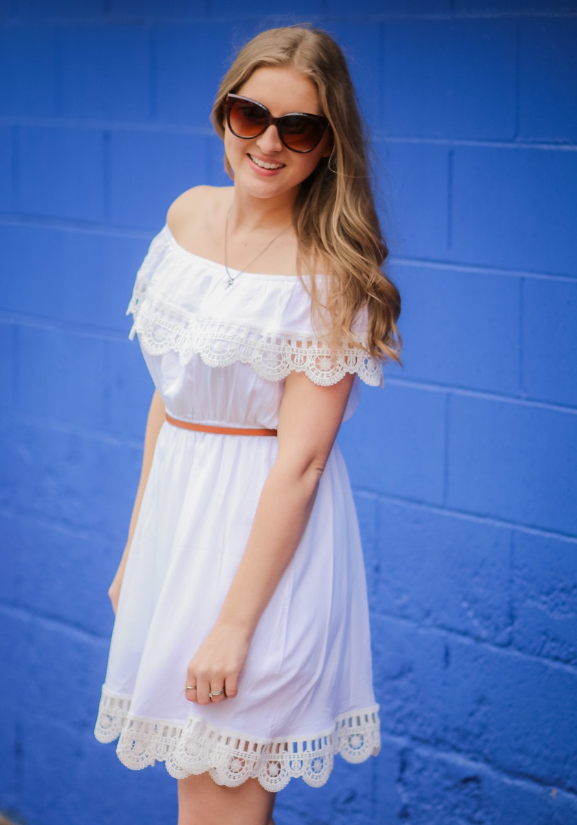 Sheinside affordable white off-the-shoulder dress styled by Ashley Brooke Nicholas at the Pacific Edge Hotel in Laguna Beach, California