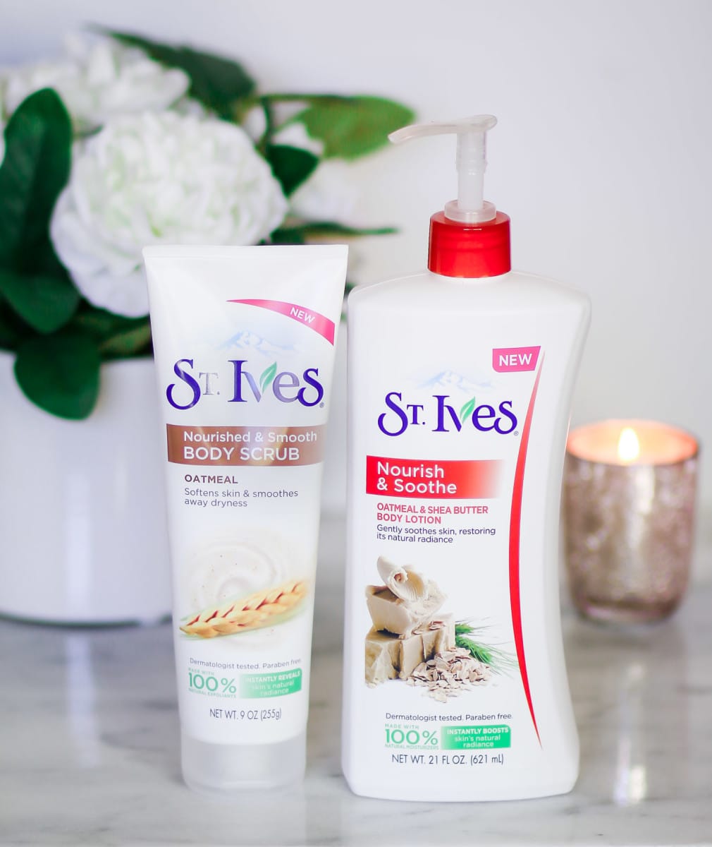 The St. Ives Nourished & Smooth Oatmeal Body Scrub and St. Ives Nourish & Soothe Oatmeal & Shea Butter Lotion are absolutely fantastic! Both products are soothing, moisturizing, and feature all natural ingredients!