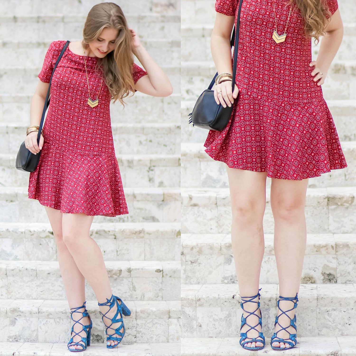 Could this burgundy dress be any cuter for summer? I love how Ashley Brooke Nicholas styled this dress with bright blue lace-up heels!