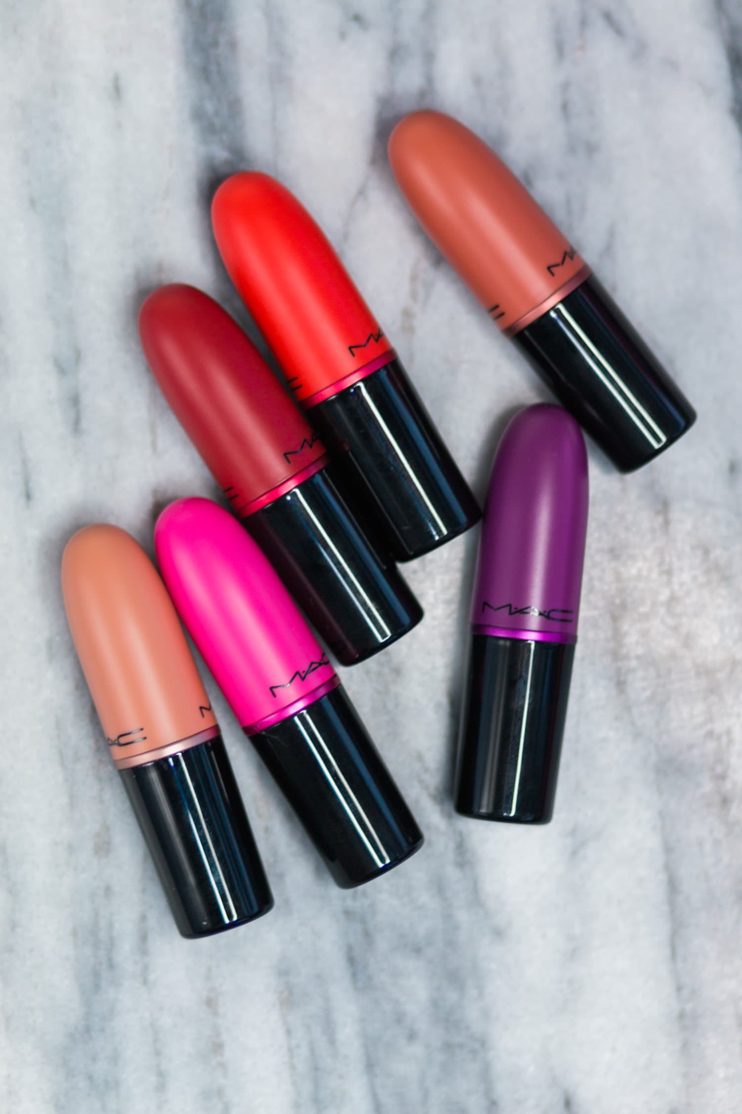 MAC Shadescents lipsticks in Candy Yum Yum, Lady Danger, Heroine, Velvet Teddy, Creme D'Nude, and Ruby Woo by Orlando, Florida beauty blogger Ashley Brooke Nicholas