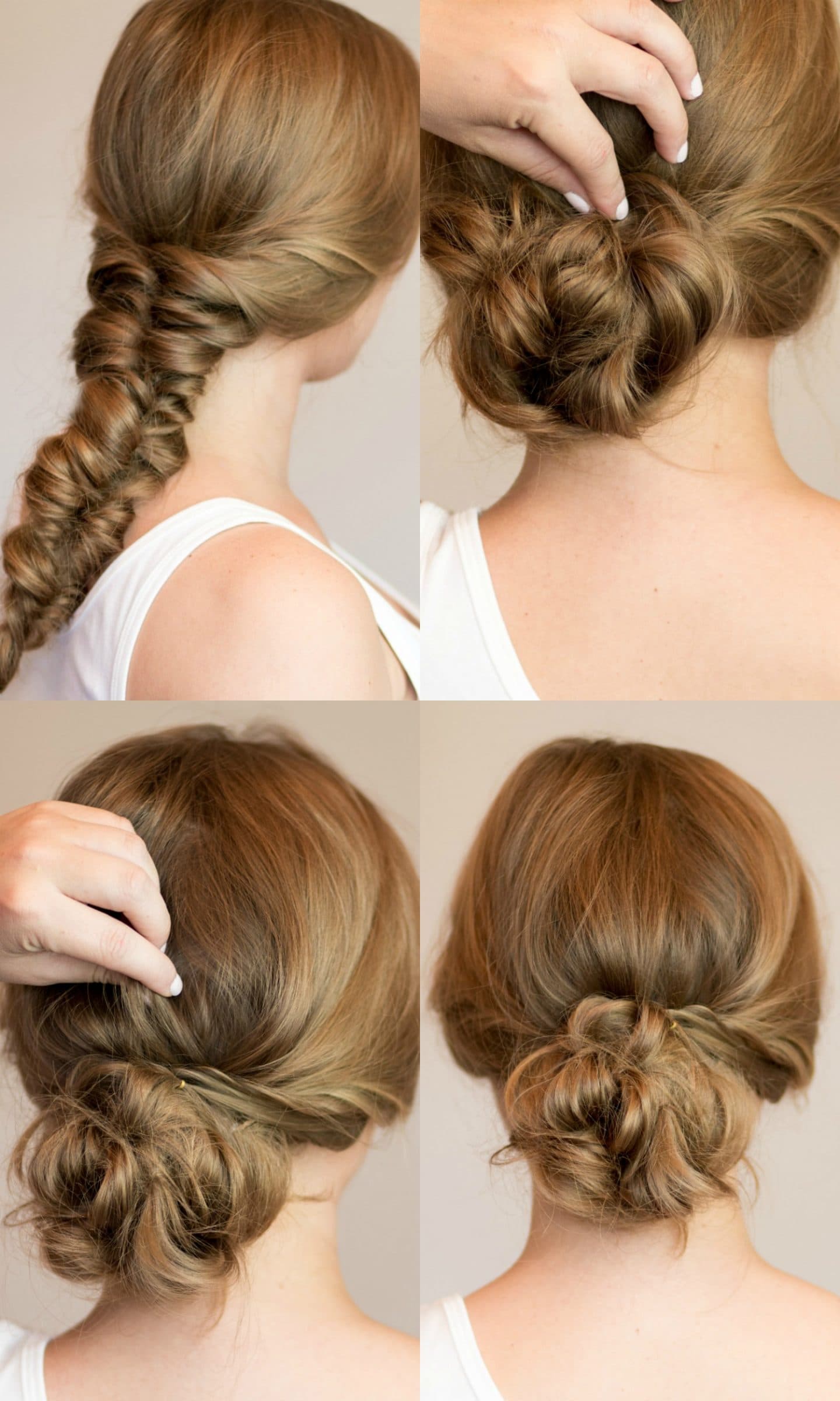 Easy messy braided bun hair tutorial | 4 Easy heatless hairstyles for long hair that don't require hair styling skills or braiding! Learn how to create a faux braided ponytail, messy faux fishtail braid, twisted half-up, and messy braided bun in these easy hair tutorial by Orlando, Florida beauty blogger Ashley Brooke Nicholas! #MyHCLook sponsored by Hair Cuttery | easy hairstyles, no-heat hairstyle, faux braids, faux braid tutorial, how to braid your hair, messy bun, fishtail braid, long dirty blonde hair