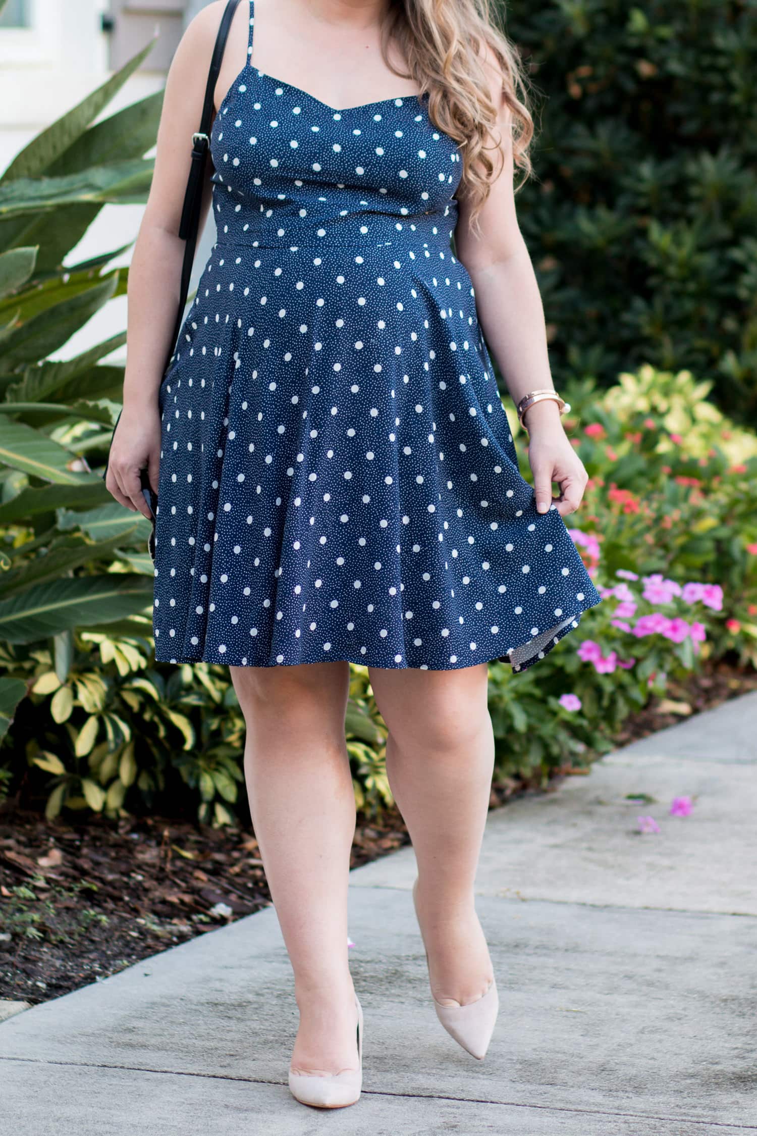maternity style polka dot sun dress nude heels zappos shoes | Ashley Brooke Nicholas Florida style blogger